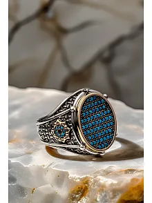 Erkek Turkuaz Zirkon Taşlı Oval Model 925 Ayar Gümüş Yüzük