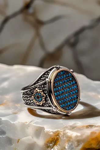 Erkek Turkuaz Zirkon Taşlı Oval Model 925 Ayar Gümüş Yüzük
