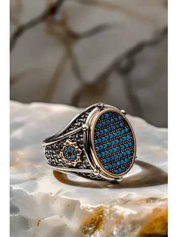 Erkek Turkuaz Zirkon Taşlı Oval Model 925 Ayar Gümüş Yüzük