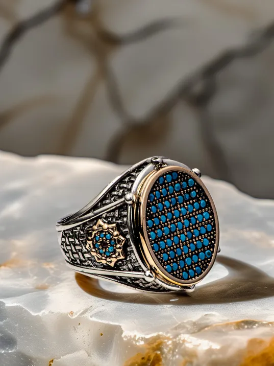 Erkek Turkuaz Zirkon Taşlı Oval Model 925 Ayar Gümüş Yüzük