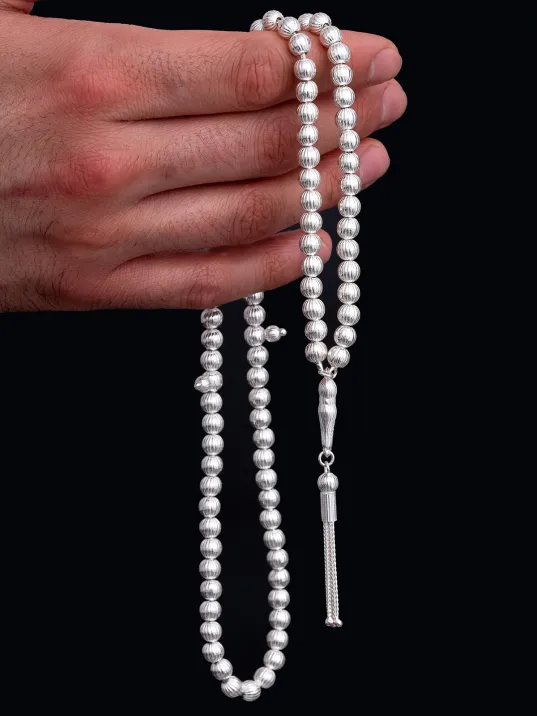 Erkek Gümüş Tespih - Çizgili Küre 99’luk Namaz Tespihi Gümüş Tespih