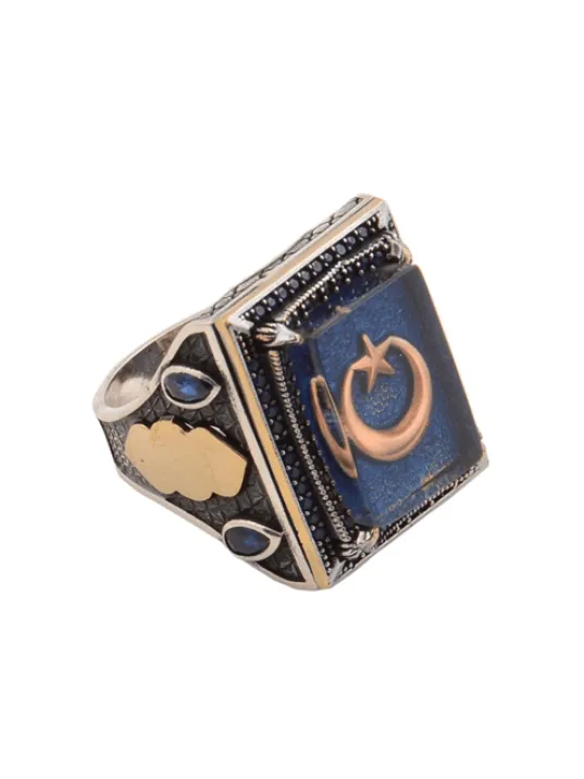 Mineli Ay Yıldız İşlemeli Mavi Zirkon Taş Süslemeli 925 Ayar Gümüş Erkek Yüzük GYZAYYYILDZ-MAV