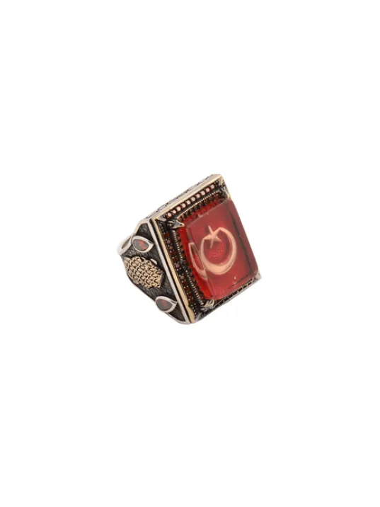 Mineli Ay Yıldız İşlemeli Kırmızı Zirkon Taş Süslemeli 925 Ayar Gümüş Erkek Yüzük GYZAYYLDIZK-KRM