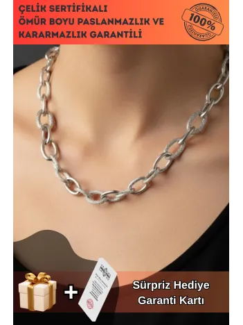 Kadın Çelik Kolye - Desenli Halka Model 316L Çelik Kolye Ömür Boyu Kararmaz Paslanmaz