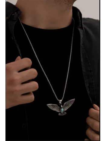 Erkek Kolye - Kartal Motifli Turkuaz Taşlı Erkek Çelik Kolye - 316 L Paslanmaz Çelik