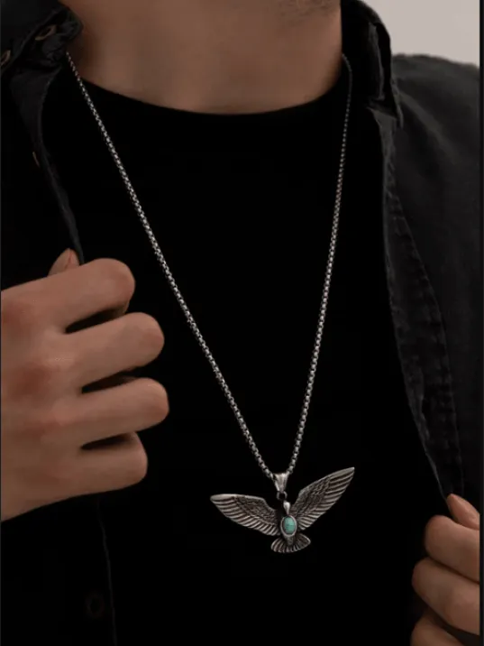 Erkek Kolye - Kartal Motifli Turkuaz Taşlı Erkek Çelik Kolye - 316 L Paslanmaz Çelik