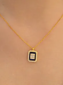 Kare Baget Taşlı Kadın Gümüş Kolye Zincir GKLKRBGTM1D-ROS-Sarı