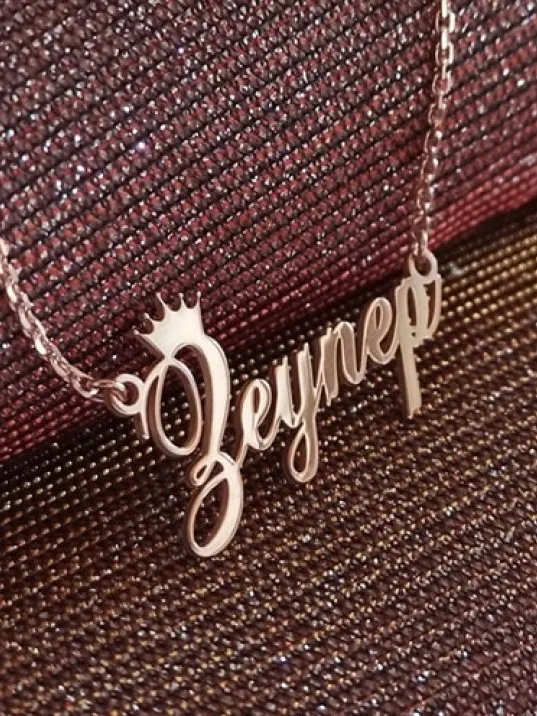 Kral Taç Yazılı Imza Rose Renk Bayan Gümüş Kolye Zincir Gklrosısımt