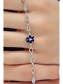 Kadın Gümüş Bileklik - Lacivert Doğal Safir Taşlı Nergis Model Damla Motifli Gümüş Bileklik