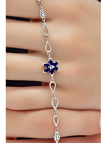 Kadın Gümüş Bileklik - Lacivert Doğal Safir Taşlı Nergis Model Damla Motifli Gümüş Bileklik