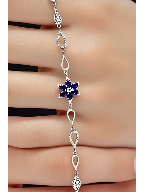 Kadın Gümüş Bileklik - Lacivert Doğal Safir Taşlı Nergis Model Damla Motifli Gümüş Bileklik