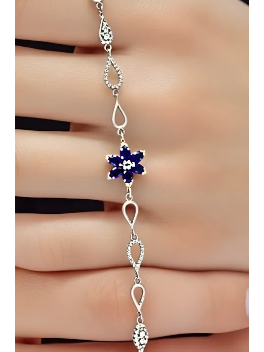Kadın Gümüş Bileklik - Lacivert Doğal Safir Taşlı Nergis Model Damla Motifli Gümüş Bileklik