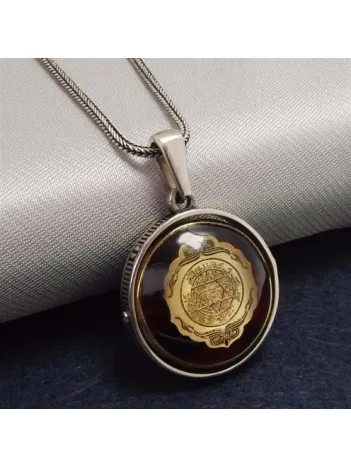 Çift Taraflı Mührü Süleyman Ve Tuğra Figürlü Erkek Gümüş Kehribar Kolye