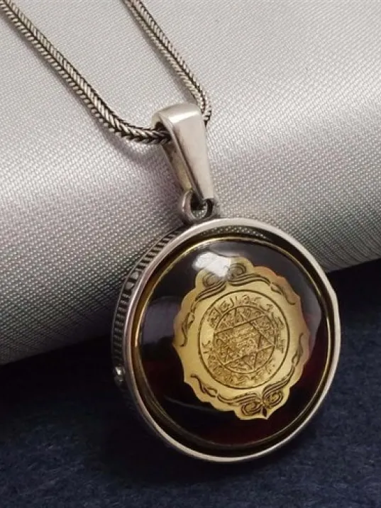 Çift Taraflı Mührü Süleyman Ve Tuğra Figürlü Erkek Gümüş Kehribar Kolye