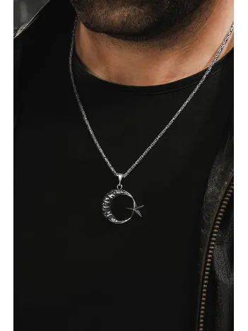 Erkek Gümüş Kolye - Göktürkçe Türk Yazılı Ay Yıldız Motifli Kral Zincirli Erkek Kolye