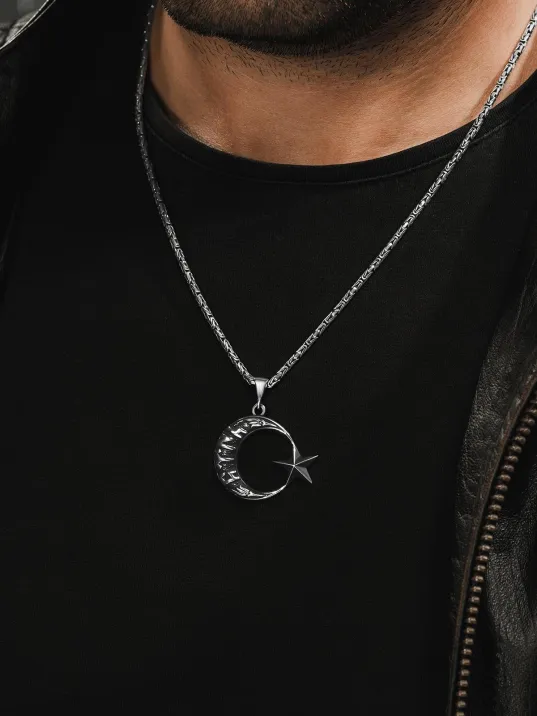 Erkek Gümüş Kolye - Göktürkçe Türk Yazılı Ay Yıldız Motifli Kral Zincirli Erkek Kolye Erkek Gümüş Kolye - Göktürkçe Türk Yazılı Ay Yıldız Motifli Kral Zincirli Erkek Kolye