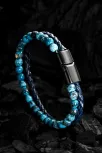 Erkek Doğal Taş Bileklik - Damarlı Mavi Akik Taşı Boncuk ve Örme Deri Erkek Bileklik