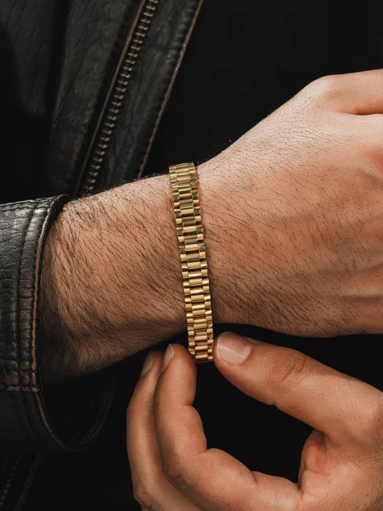 Erkek Çelik Bileklik Sarı Altın Kaplama Lüks Bukle Ince Model