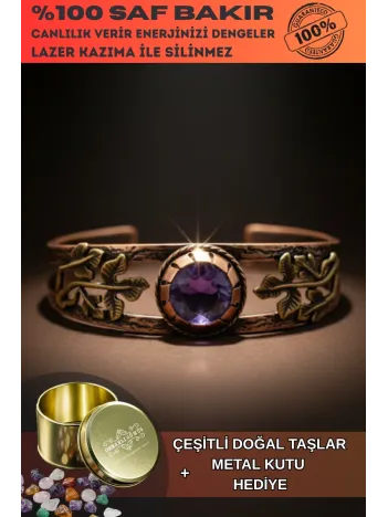 Mor Ametist Taşlı Antik Bakır Kadın Bileklik – Metal Kutu Ve Doğal Taşlar