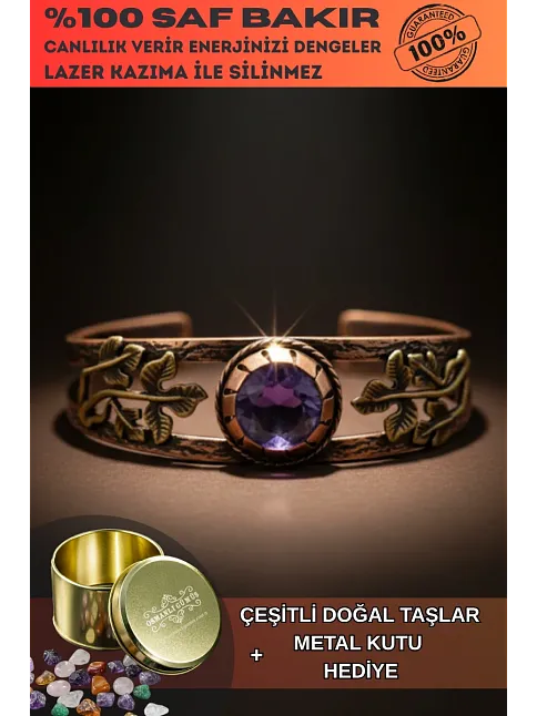 Mor Ametist Taşlı Antik Bakır Kadın Bileklik – Metal Kutu Ve Doğal Taşlar