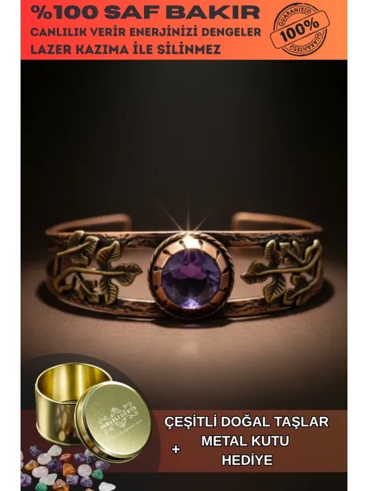Mor Ametist Taşlı Antik Bakır Kadın Bileklik – Metal Kutu Ve Doğal Taşlar