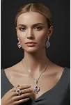 Kadın Gümüş Kolye Yüzük Küpe Set - Bella Model Kare Pembe Zirkon Taşlı Set