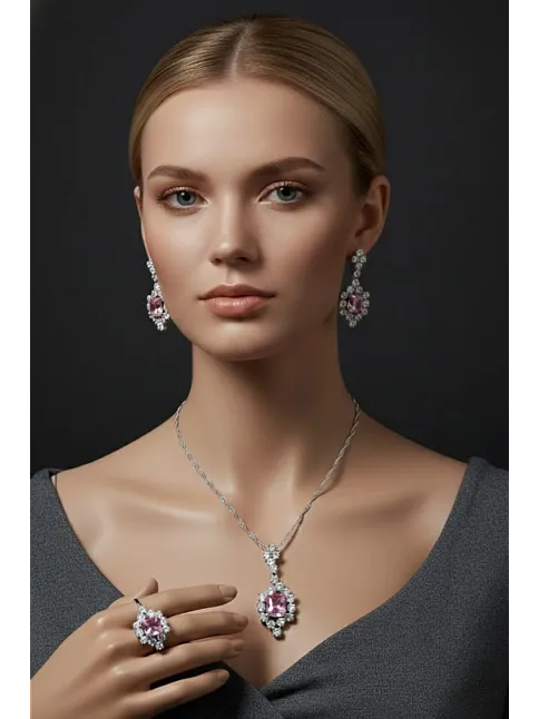 Kadın Gümüş Kolye Yüzük Küpe Set - Bella Model Kare Pembe Zirkon Taşlı Set