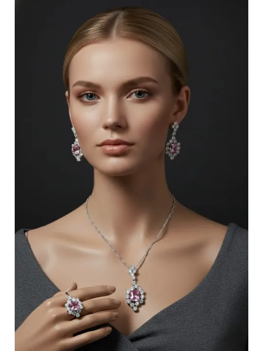 Kadın Gümüş Kolye Yüzük Küpe Set - Bella Model Kare Pembe Zirkon Taşlı Set Kadın Gümüş Kolye Yüzük Küpe Set - Bella Model Kare Pembe Zirkon Taşlı Set