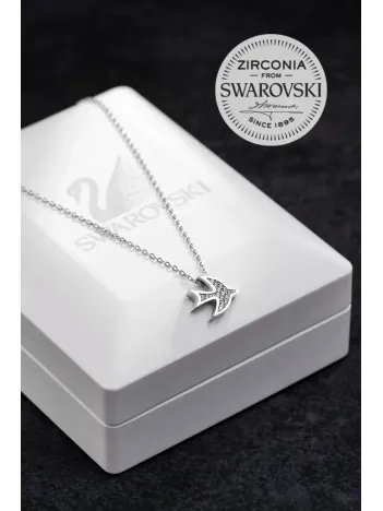 Kadın Gümüş Kolye - Swarovski Taşlı Zirconia Ay Motifli Kuş Kadın Kolye