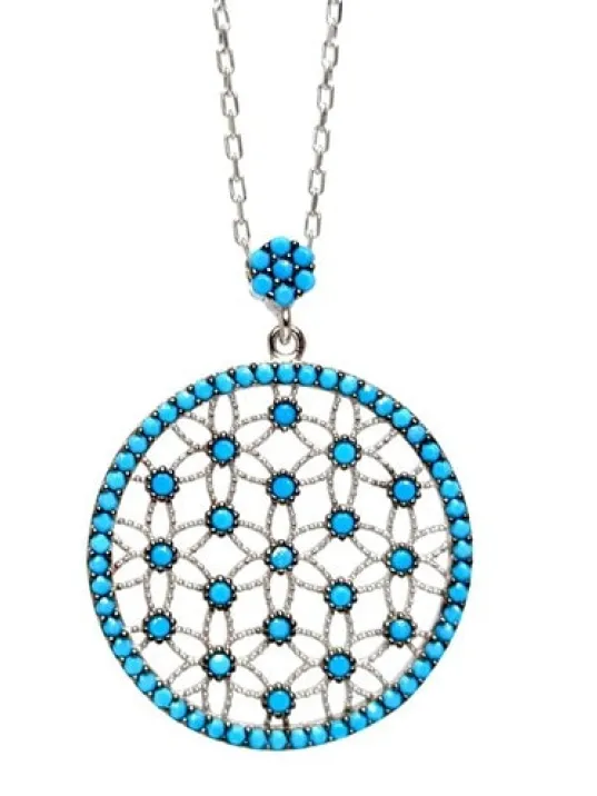 Firuze Taşlı Yaşam Çiçeği Bayan Gümüş Kolye