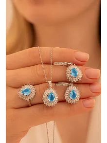 Kadın Gümüş Set - Damla Model Mavi Topaz Taşlı Baget Süslemeli Rodyumlu Kadın Set