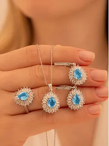 Kadın Gümüş Set - Damla Model Mavi Topaz Taşlı Baget Süslemeli Rodyumlu Kadın Set