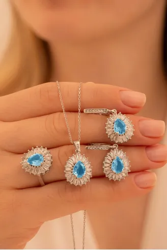 Kadın Gümüş Set - Damla Model Mavi Topaz Taşlı Baget Süslemeli Rodyumlu Kadın Set