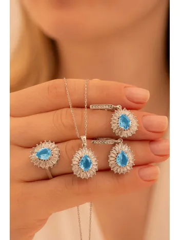 Kadın Gümüş Set - Damla Model Mavi Topaz Taşlı Baget Süslemeli Rodyumlu Kadın Set