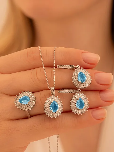 Kadın Gümüş Set - Damla Model Mavi Topaz Taşlı Baget Süslemeli Rodyumlu Kadın Set