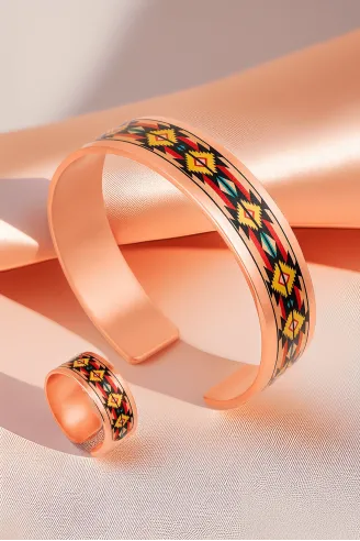 Kadın Bakır Bileklik Yüzük Set - Daria Model Özel Baskı Metal Kutu Ve Kuvars Taşı