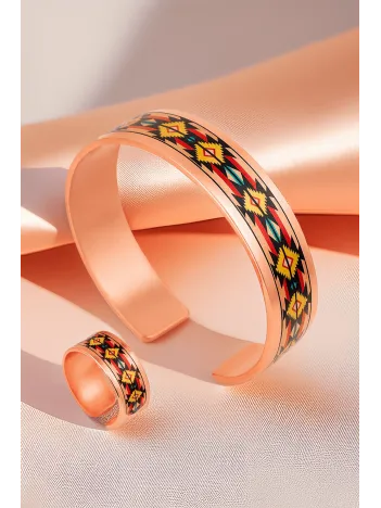 Kadın Bakır Bileklik Yüzük Set - Daria Model Özel Baskı Metal Kutu Ve Kuvars Taşı