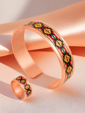 Kadın Bakır Bileklik Yüzük Set - Daria Model Özel Baskı Metal Kutu Ve Kuvars Taşı