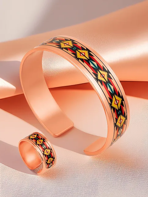 Kadın Bakır Bileklik Yüzük Set - Daria Model Özel Baskı Metal Kutu Ve Kuvars Taşı