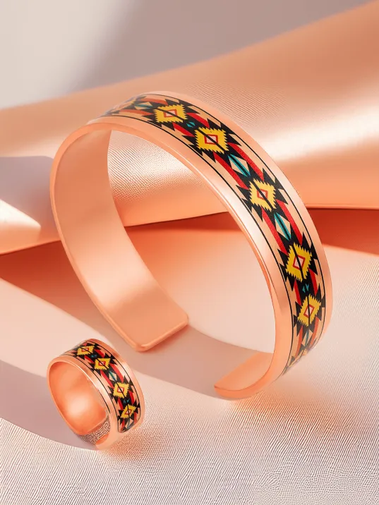 Kadın Bakır Bileklik Yüzük Set - Daria Model Özel Baskı Metal Kutu Ve Kuvars Taşı