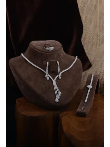 İlyada Bayan Zirkon Taşlı Gümüş Su Yolu Set - Kolye, Bileklik, Küpe, Yüzük