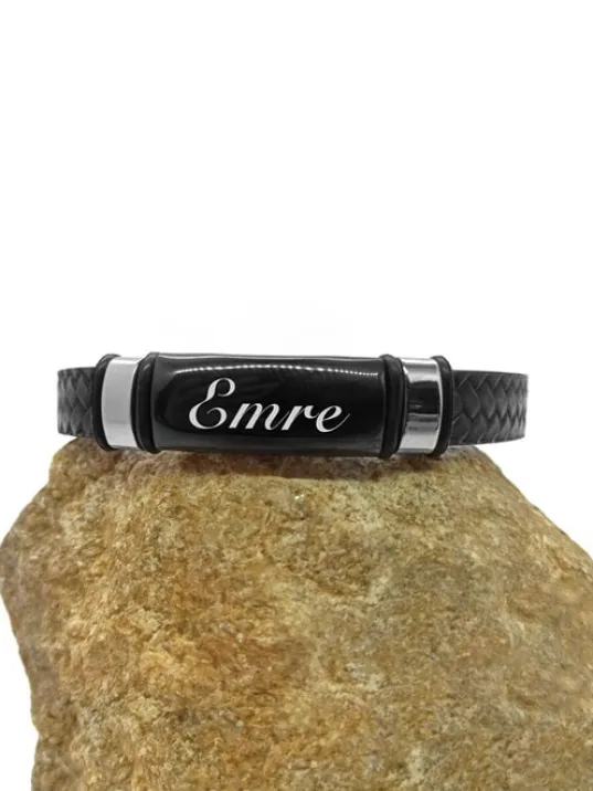 Kişiye Özel İsimli Örme Deri Siyah Erkek Çelik Bileklik Künye CBLKSYZLCLK-SYH