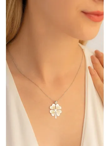Kadın Gümüş Kolye - 4 Yapraklı Yonca Motifli Gümüş Kolye