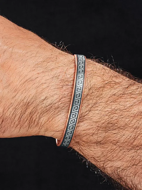 Erkek Kadın Bakır Bileklik - Üstü Siyah Hakiki Deri Grek İşlemeli Mıknatıslı Model Metal Kutu Doğal