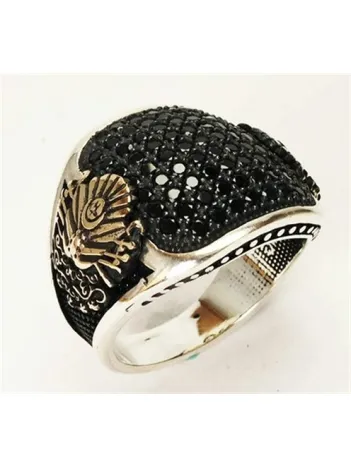 Gümüş Erkek Yüzük Zirkon Taşlı Osmanlı Armalı