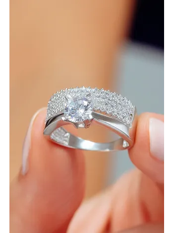 Kadın Gümüş Yüzük - Dört Sıra Tektaş Zirkon Taşlı Kombin Kadın Gümüş Yüzük