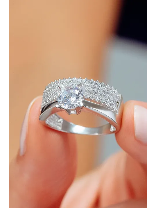 Kadın Gümüş Yüzük - Dört Sıra Tektaş Zirkon Taşlı Kombin Kadın Gümüş Yüzük