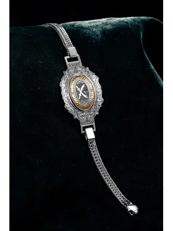 Erkek Gümüş Bileklik - Çift Hz. Ali Zülfikar Kılıcı Tilki Kuyruğu Zincirli 925 Ayar Erkek Bileklik