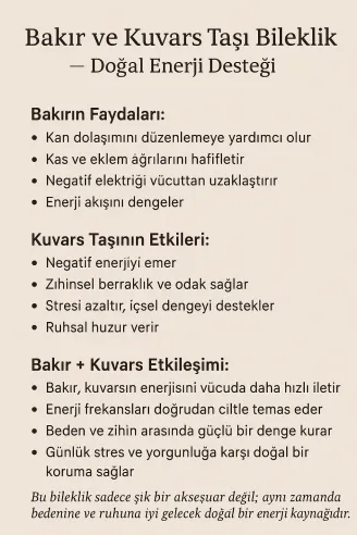 Copper Vena Model Bakır Kelepçe Bilezik Erkek Kadın Doğal Taşlar ve Metal Kutulu