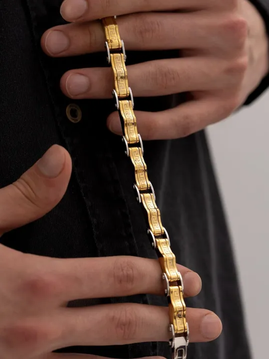 Grek Dalgalı Çelik Sarı Erkek Bileklik Künye Cblaltgrek1